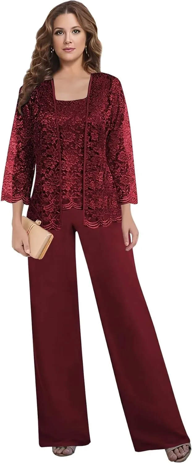 BANTRATIC 3 Pieces Mother of The Bride Pantsuits with Jacket for Wedding 3/4 Sleeve Evening Prom Formal Dressy Outfits