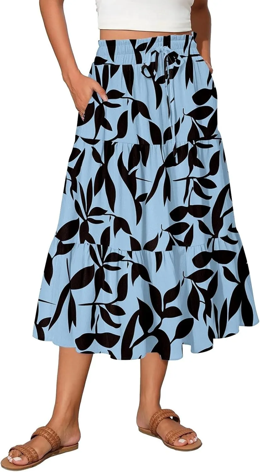 Boho Skirts for Women Floral Pleated Summer Skirt Tummy Control Elegant Dress Vacation Holiday Spring Outfits