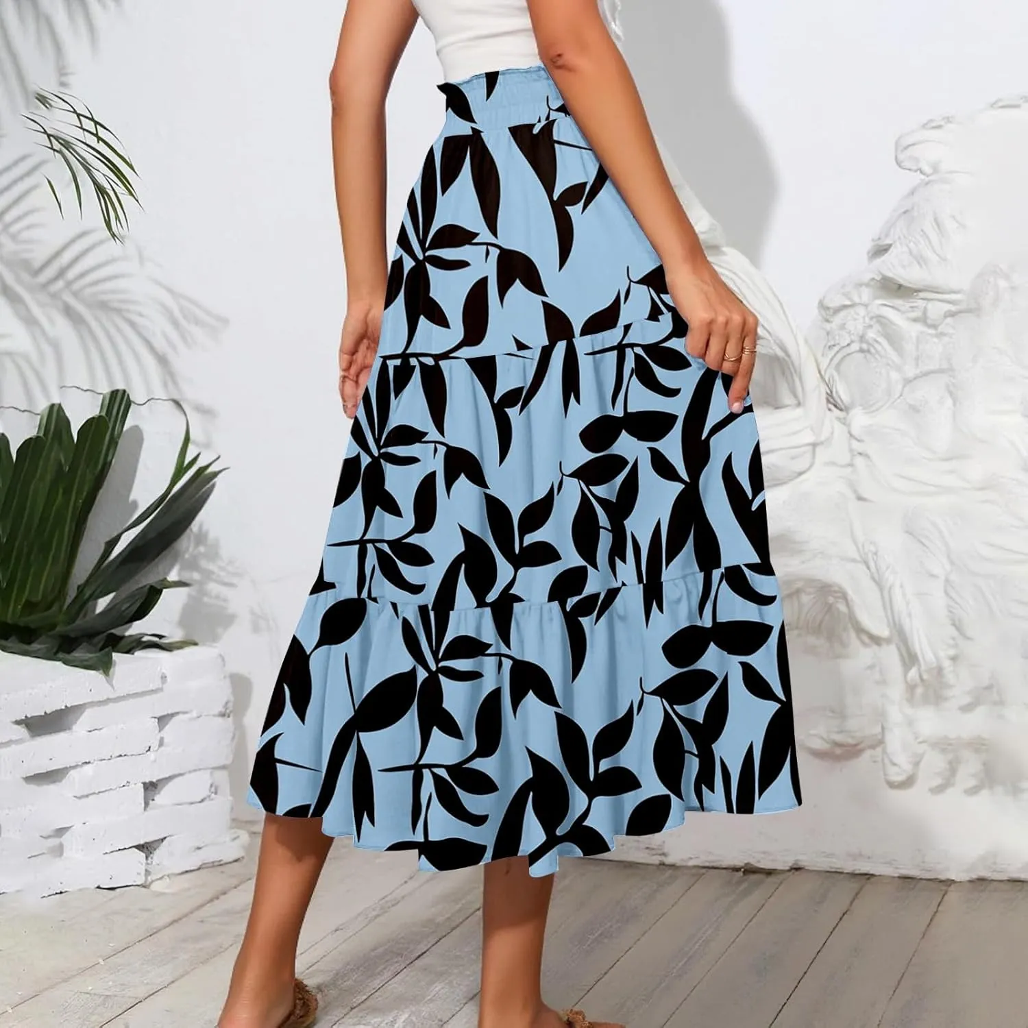 Boho Skirts for Women Floral Pleated Summer Skirt Tummy Control Elegant Dress Vacation Holiday Spring Outfits