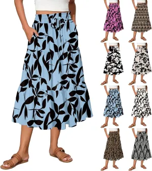 Boho Skirts for Women Floral Pleated Summer Skirt Tummy Control Elegant Dress Vacation Holiday Spring Outfits