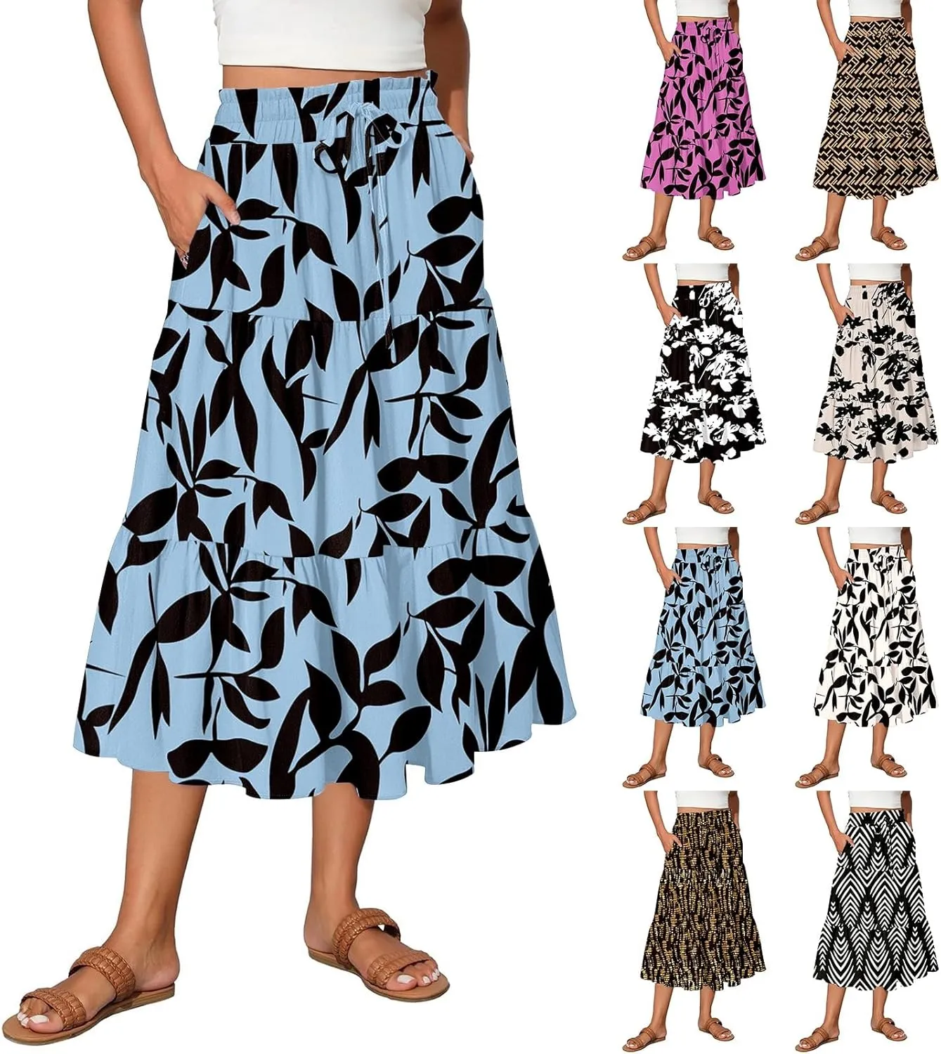 Boho Skirts for Women Floral Pleated Summer Skirt Tummy Control Elegant Dress Vacation Holiday Spring Outfits
