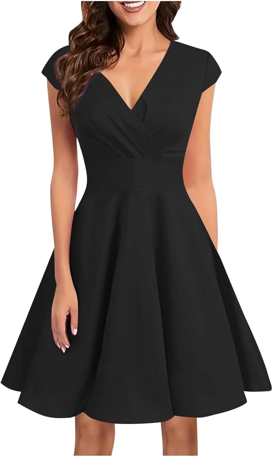 Borniu Women 2025 Summer Cap Sleeve Dresses Solid Solor Casual Beach Mini Dresses Beach Vocation A-Line Flowy Swing Sundress