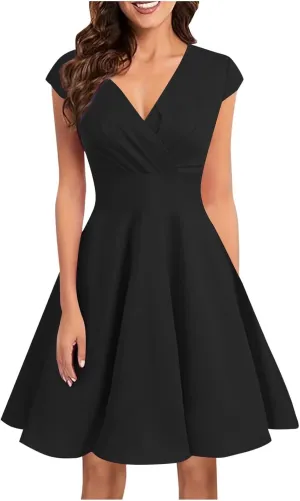 Borniu Women 2025 Summer Cap Sleeve Dresses Solid Solor Casual Beach Mini Dresses Beach Vocation A-Line Flowy Swing Sundress