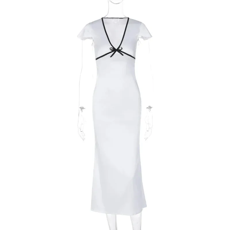 Cap Sleeve Bow Tie Deep V Elegant Midi Women's Dress