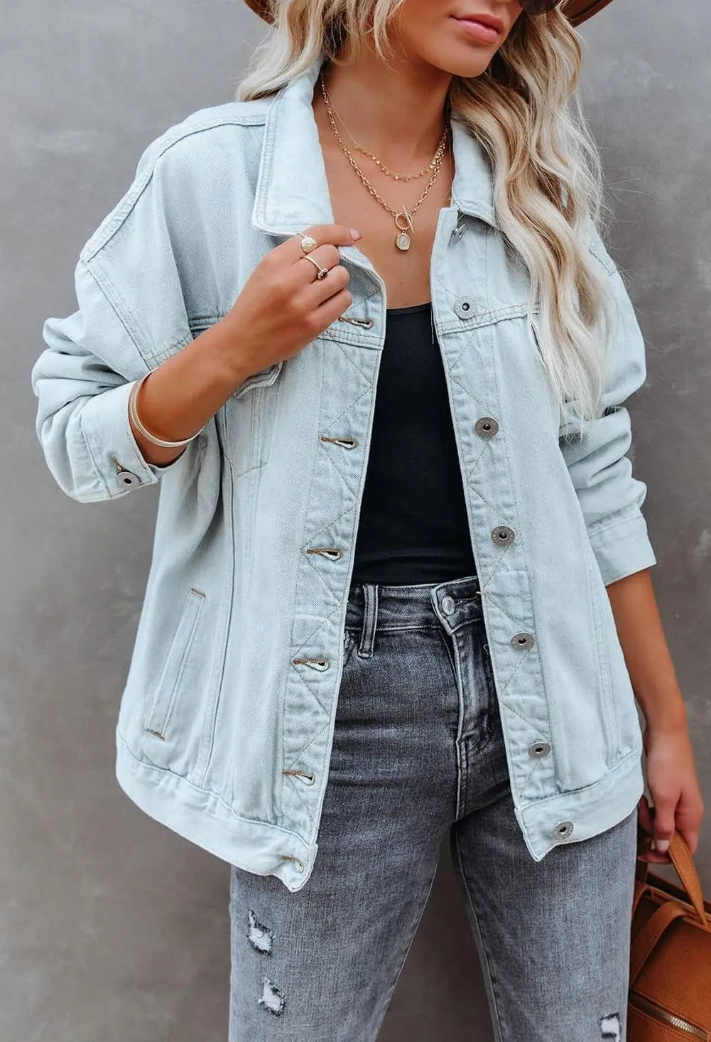 CHARTOU Women's Boyfriend Style Lapel Collar Button Down Washed Denim Jean Jacket