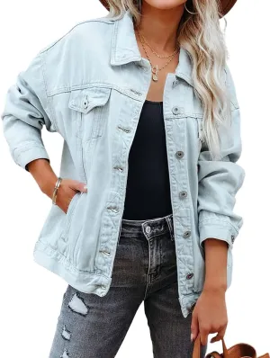CHARTOU Women's Boyfriend Style Lapel Collar Button Down Washed Denim Jean Jacket