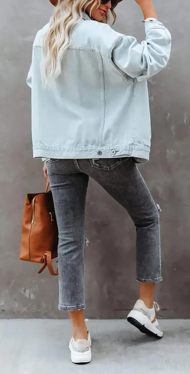 CHARTOU Women's Boyfriend Style Lapel Collar Button Down Washed Denim Jean Jacket