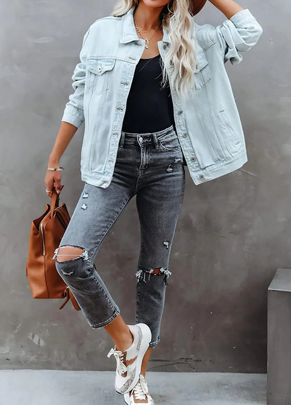 CHARTOU Women's Boyfriend Style Lapel Collar Button Down Washed Denim Jean Jacket
