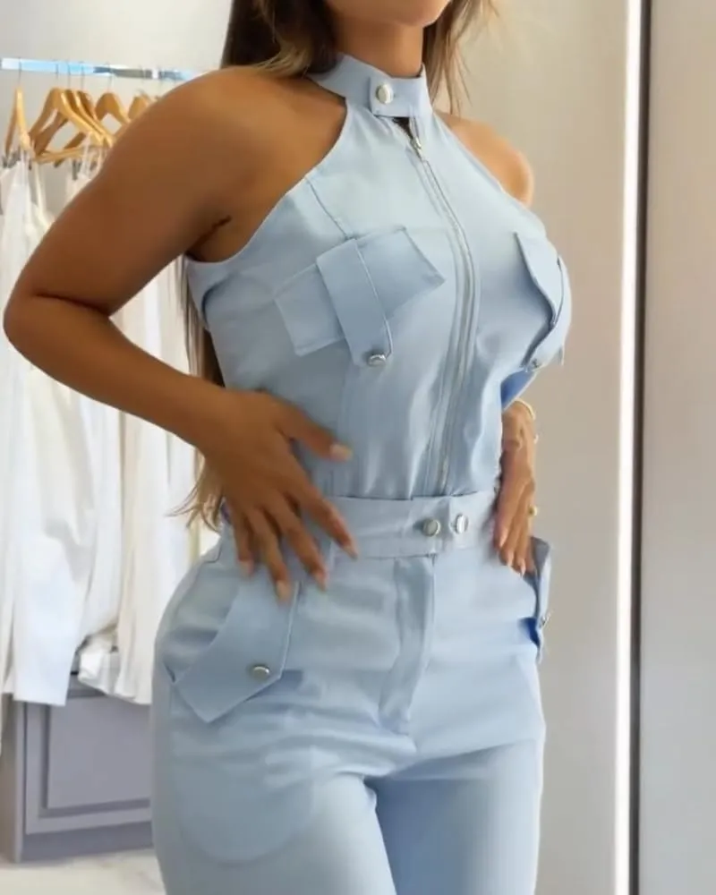 CHICME Womens Light Blue Sleeveless Jumpsuit - High Waist Self-Tie Belt & Side Pockets, Stretchy Wide Leg Romper for Summer