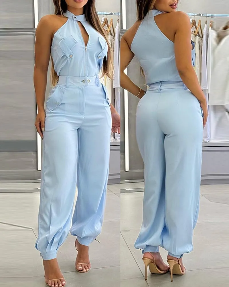 CHICME Womens Light Blue Sleeveless Jumpsuit - High Waist Self-Tie Belt & Side Pockets, Stretchy Wide Leg Romper for Summer