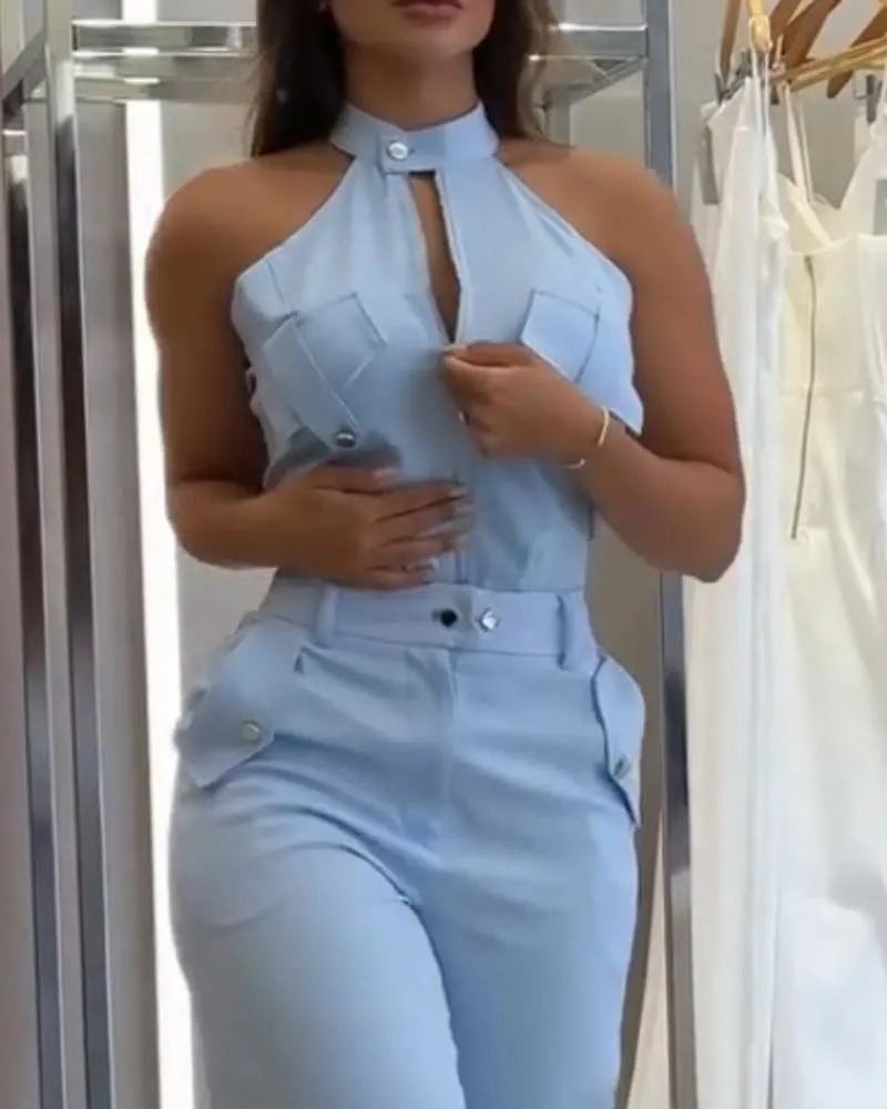 CHICME Womens Light Blue Sleeveless Jumpsuit - High Waist Self-Tie Belt & Side Pockets, Stretchy Wide Leg Romper for Summer