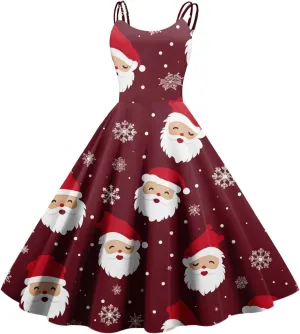 Christmas Dresses for Women Vintage Cocktail Swing Vacation Knee Length Midi Casual Dresses Holiday Beach Party Dress