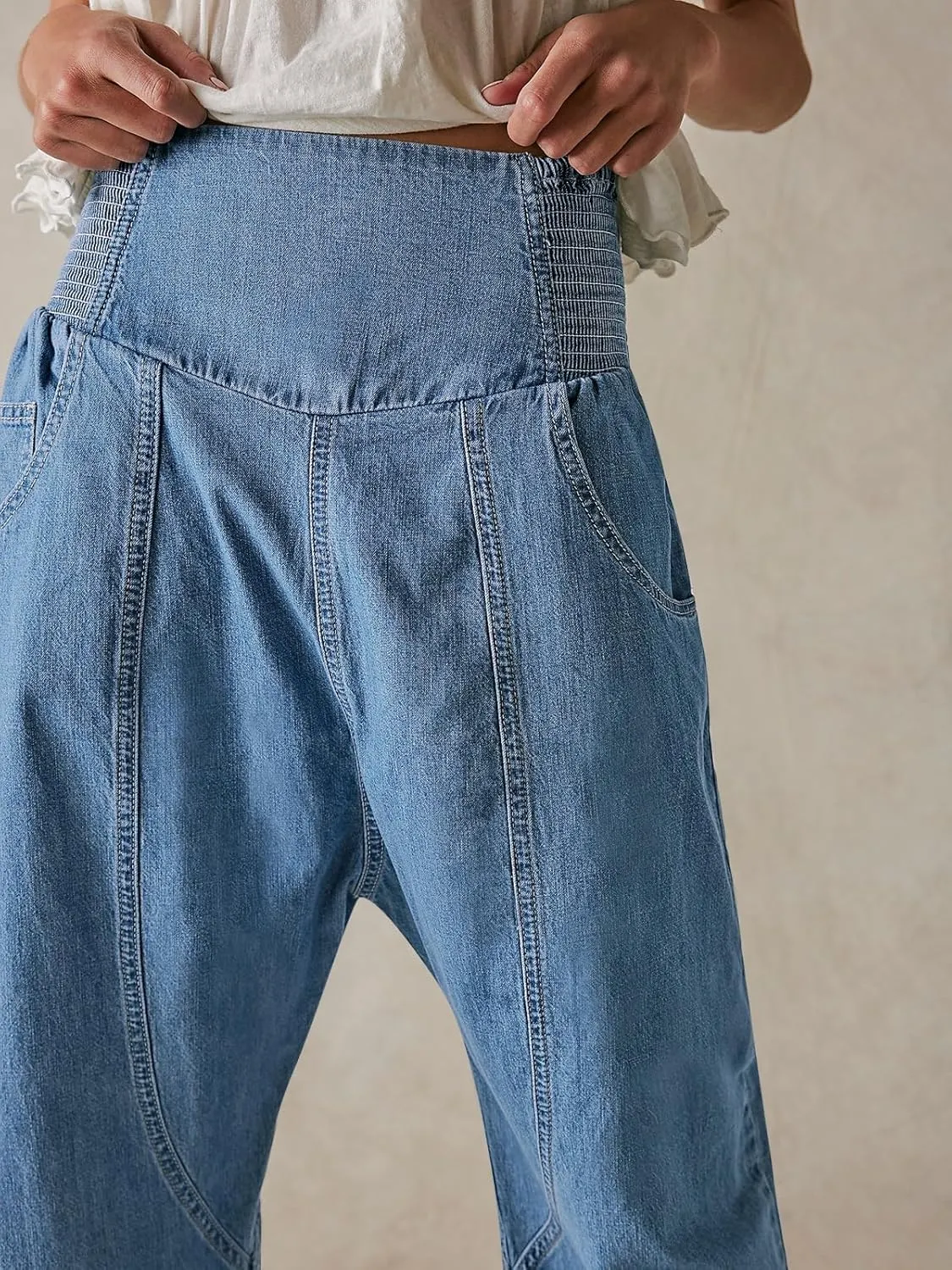Cicy Bell Womens Wide Leg Cropped Jeans Baggy Boyfriend Smocked Mid Rise Harem Denim Pants