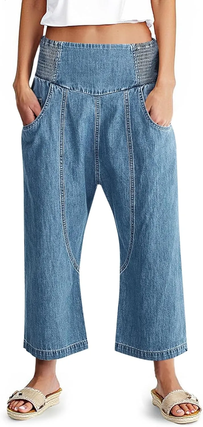 Cicy Bell Womens Wide Leg Cropped Jeans Baggy Boyfriend Smocked Mid Rise Harem Denim Pants