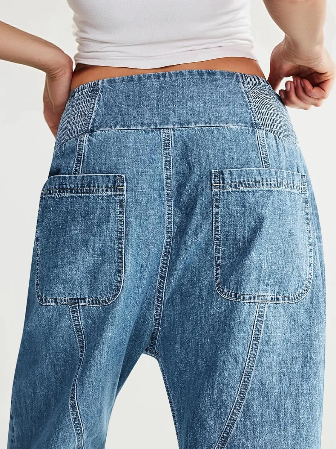 Cicy Bell Womens Wide Leg Cropped Jeans Baggy Boyfriend Smocked Mid Rise Harem Denim Pants