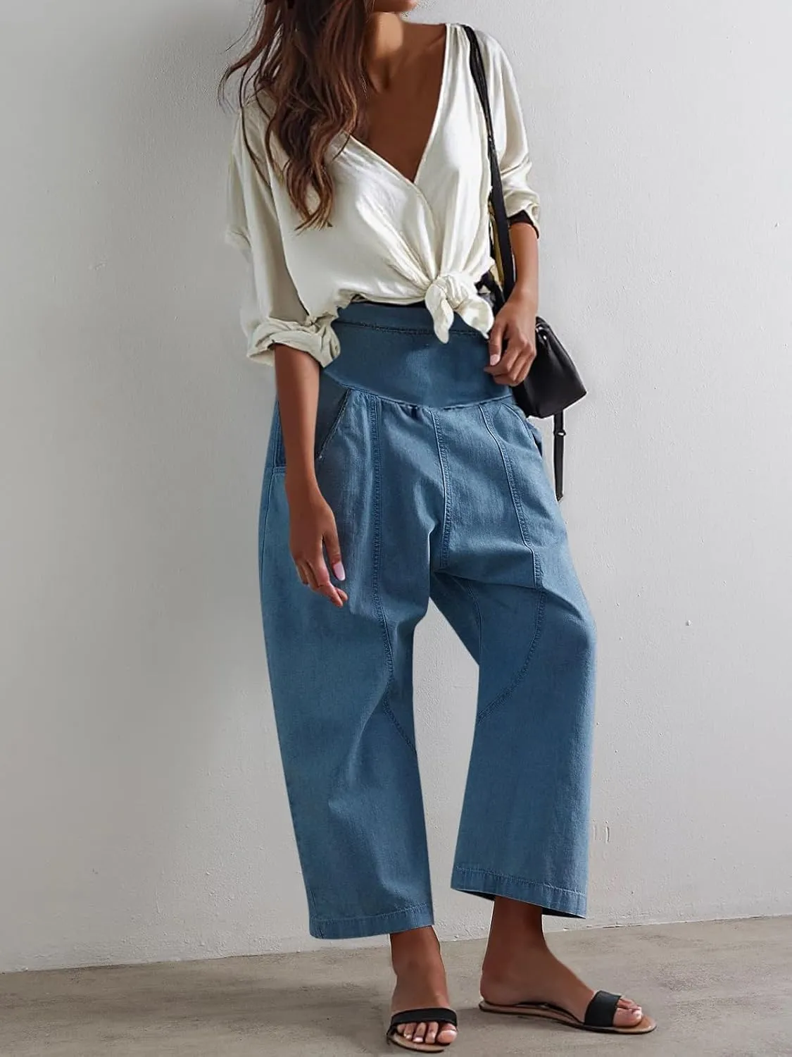 Cicy Bell Womens Wide Leg Cropped Jeans Baggy Boyfriend Smocked Mid Rise Harem Denim Pants