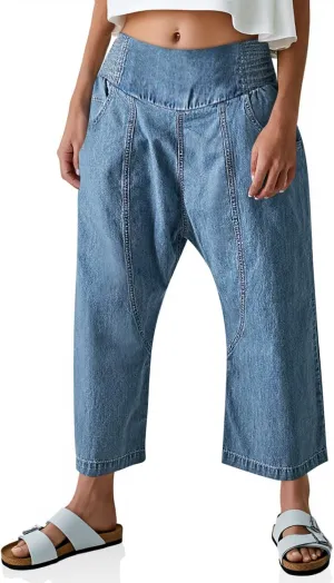 Cicy Bell Womens Wide Leg Cropped Jeans Baggy Boyfriend Smocked Mid Rise Harem Denim Pants