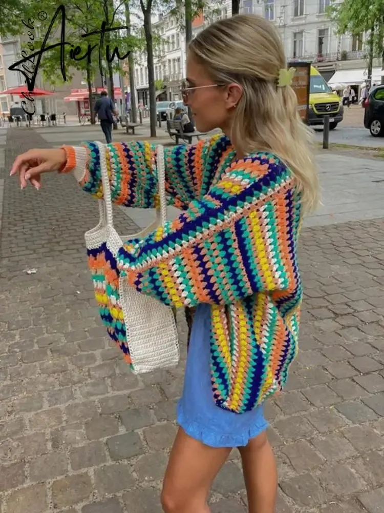 Colorful Crochet Striped Knit Cardigans Women Sweater  Fall Vintage Loose Long Sleeve Female Cardigan Casual Y2K Streetwear