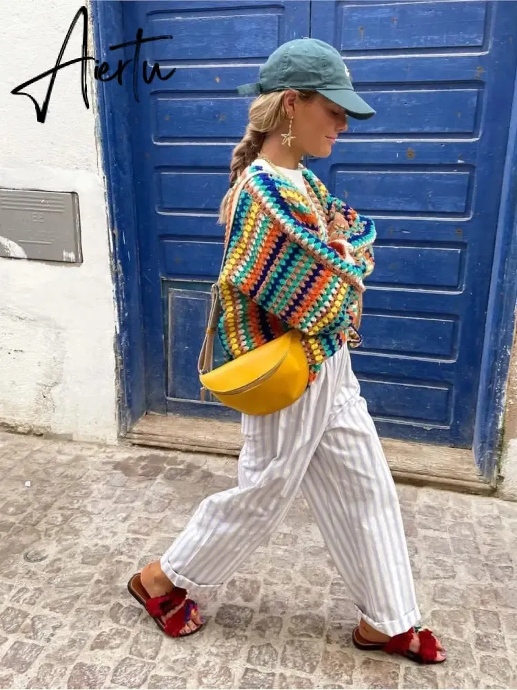 Colorful Crochet Striped Knit Cardigans Women Sweater  Fall Vintage Loose Long Sleeve Female Cardigan Casual Y2K Streetwear
