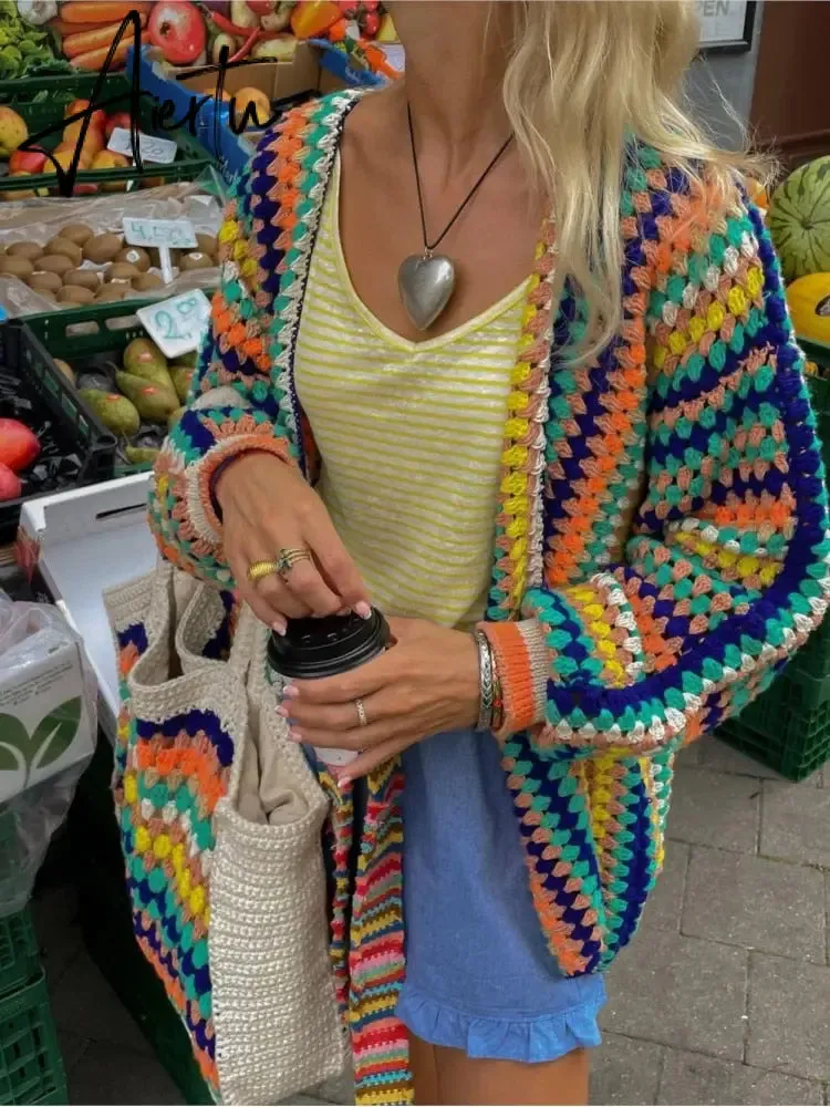 Colorful Crochet Striped Knit Cardigans Women Sweater  Fall Vintage Loose Long Sleeve Female Cardigan Casual Y2K Streetwear