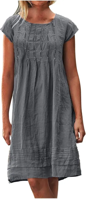 Cotton Linen Dress for Women Pleated Summer Dresses Crewneck Short Sleeve Sundress Beach Vacation Casual Mini Dress