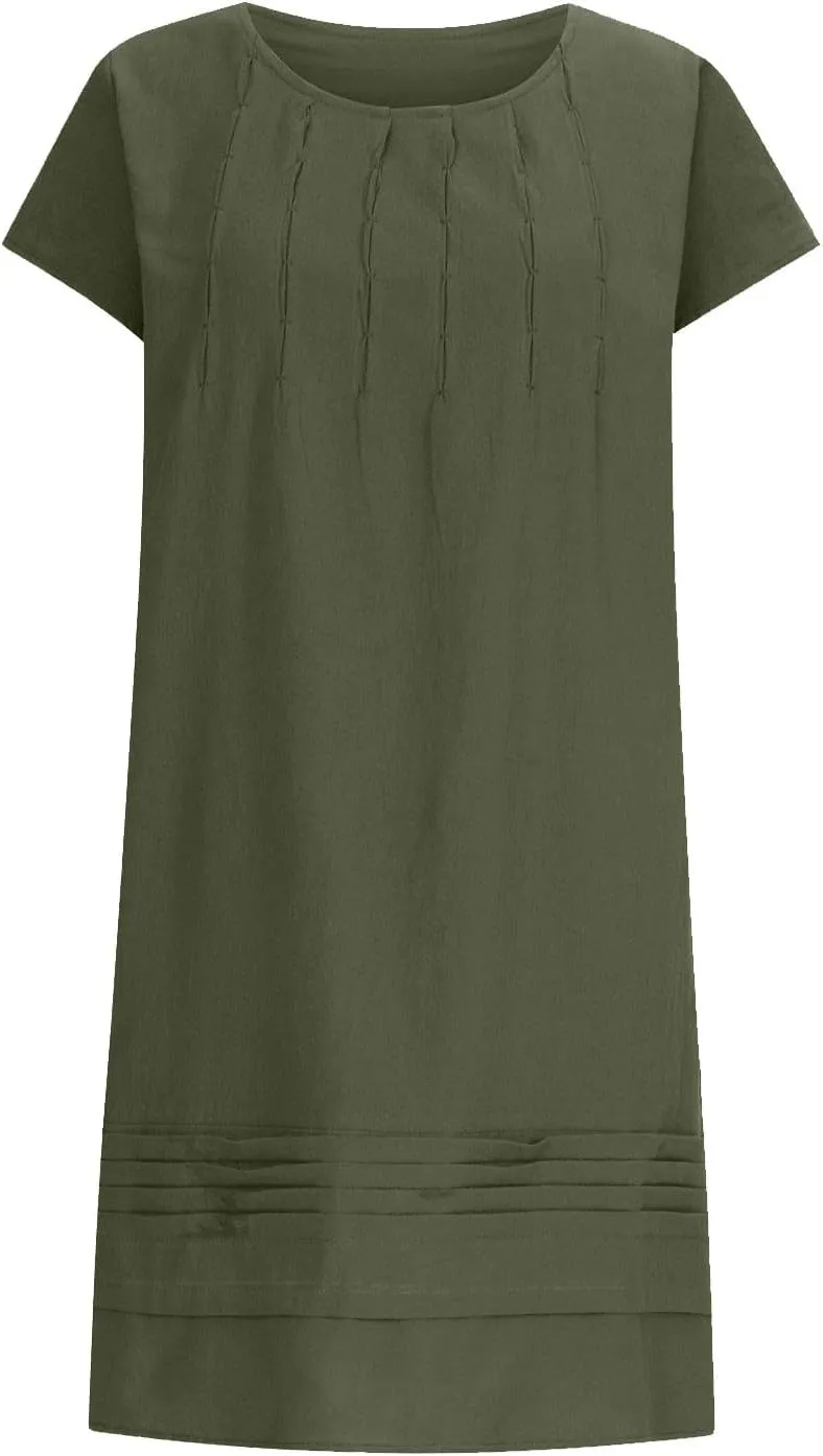 Cotton Linen Dress for Women Pleated Summer Dresses Crewneck Short Sleeve Sundress Beach Vacation Casual Mini Dress