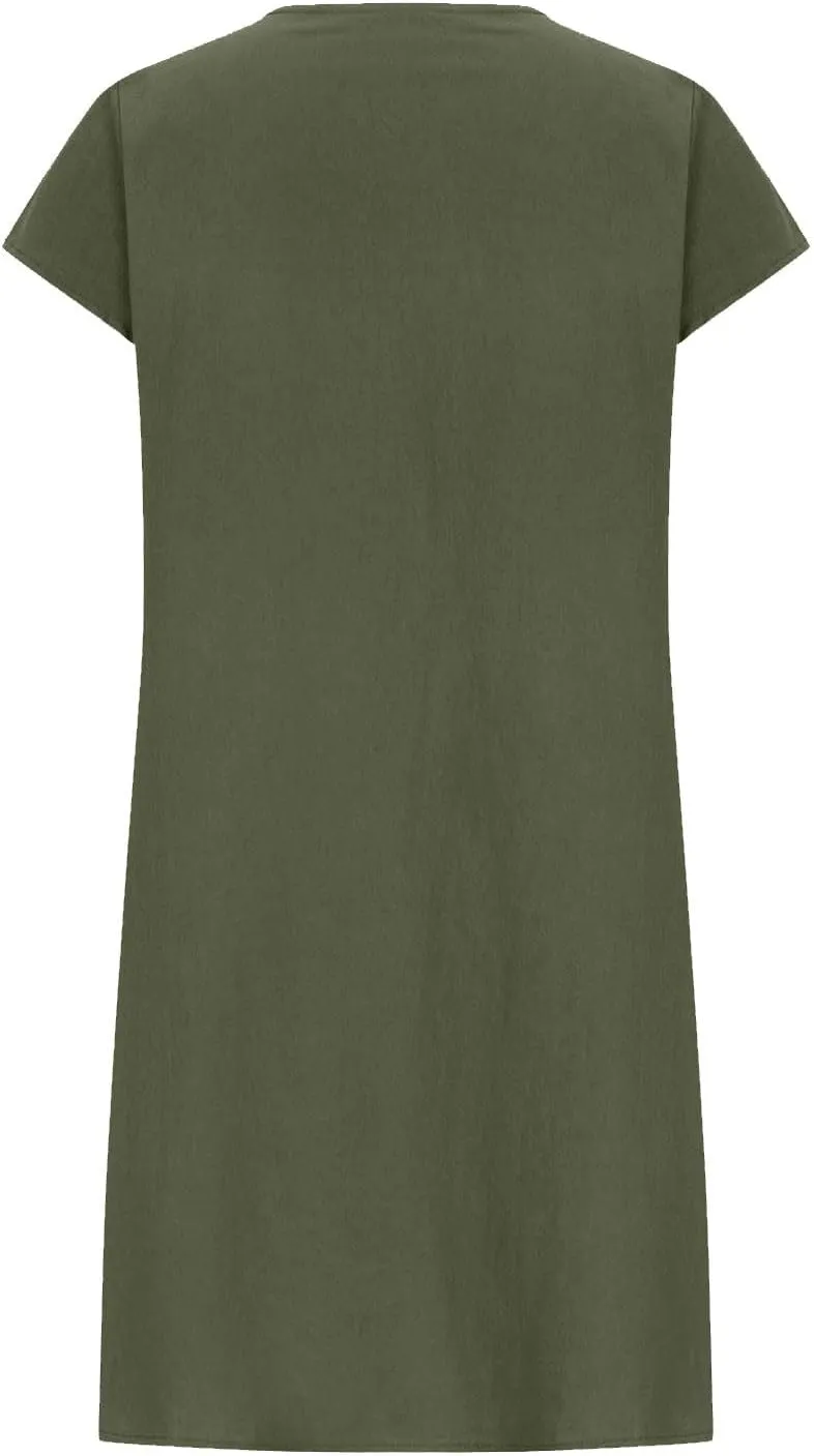 Cotton Linen Dress for Women Pleated Summer Dresses Crewneck Short Sleeve Sundress Beach Vacation Casual Mini Dress