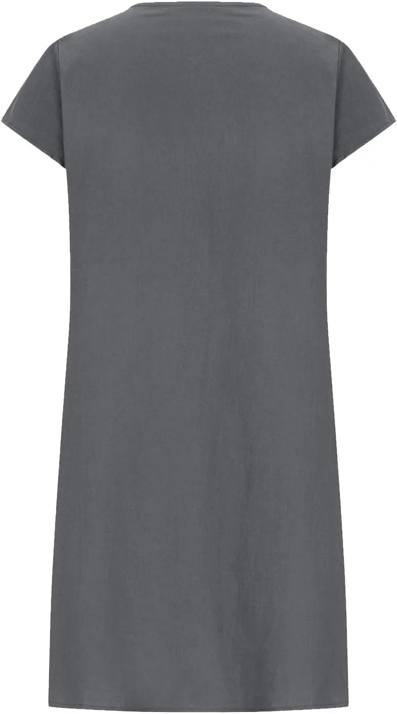 Cotton Linen Dress for Women Pleated Summer Dresses Crewneck Short Sleeve Sundress Beach Vacation Casual Mini Dress