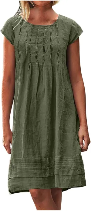 Cotton Linen Dress for Women Pleated Summer Dresses Crewneck Short Sleeve Sundress Beach Vacation Casual Mini Dress