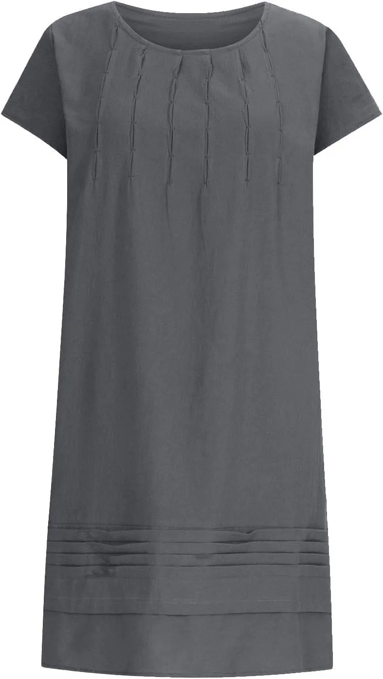 Cotton Linen Dress for Women Pleated Summer Dresses Crewneck Short Sleeve Sundress Beach Vacation Casual Mini Dress