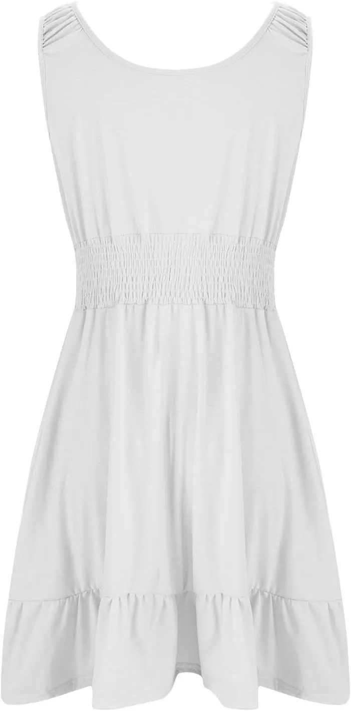 Cute Summer Dresses for Women Pleated Flowy Empire Waist Sundress Sleeveless Round Neck Hot Shot Mini Dress