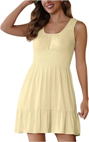 Cute Summer Dresses for Women Pleated Flowy Empire Waist Sundress Sleeveless Round Neck Hot Shot Mini Dress