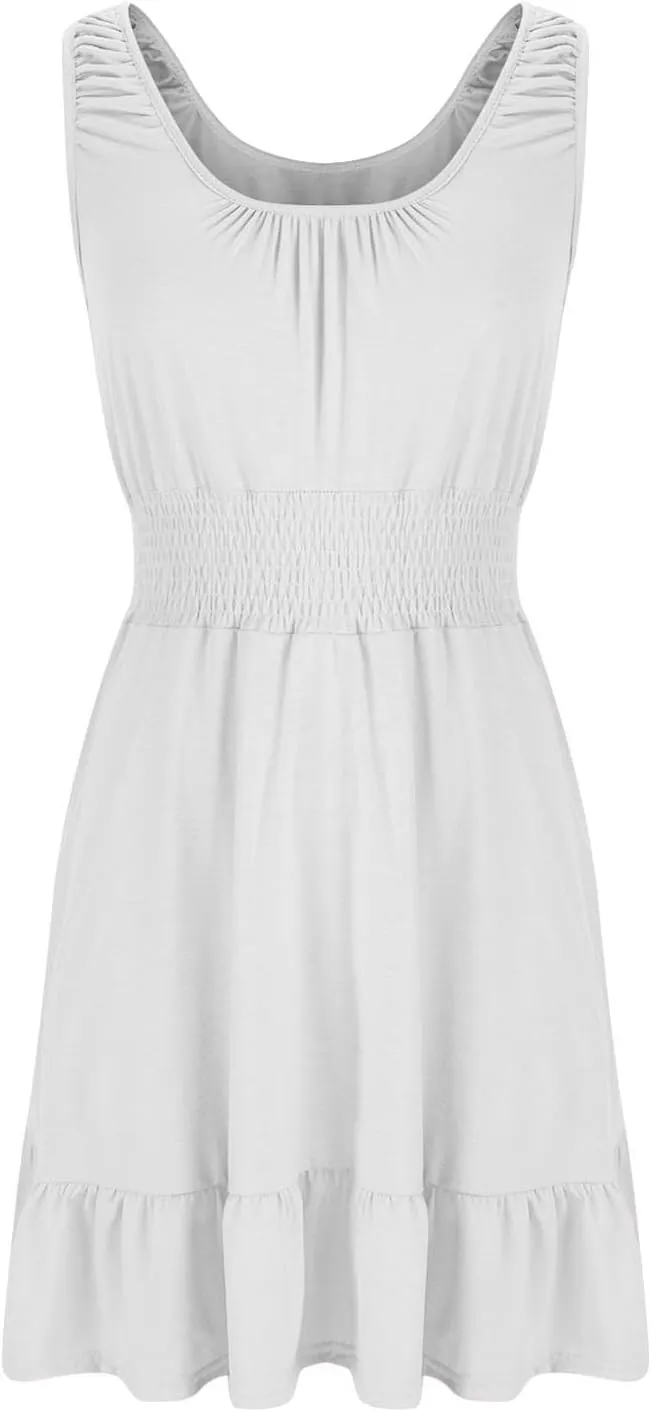 Cute Summer Dresses for Women Pleated Flowy Empire Waist Sundress Sleeveless Round Neck Hot Shot Mini Dress