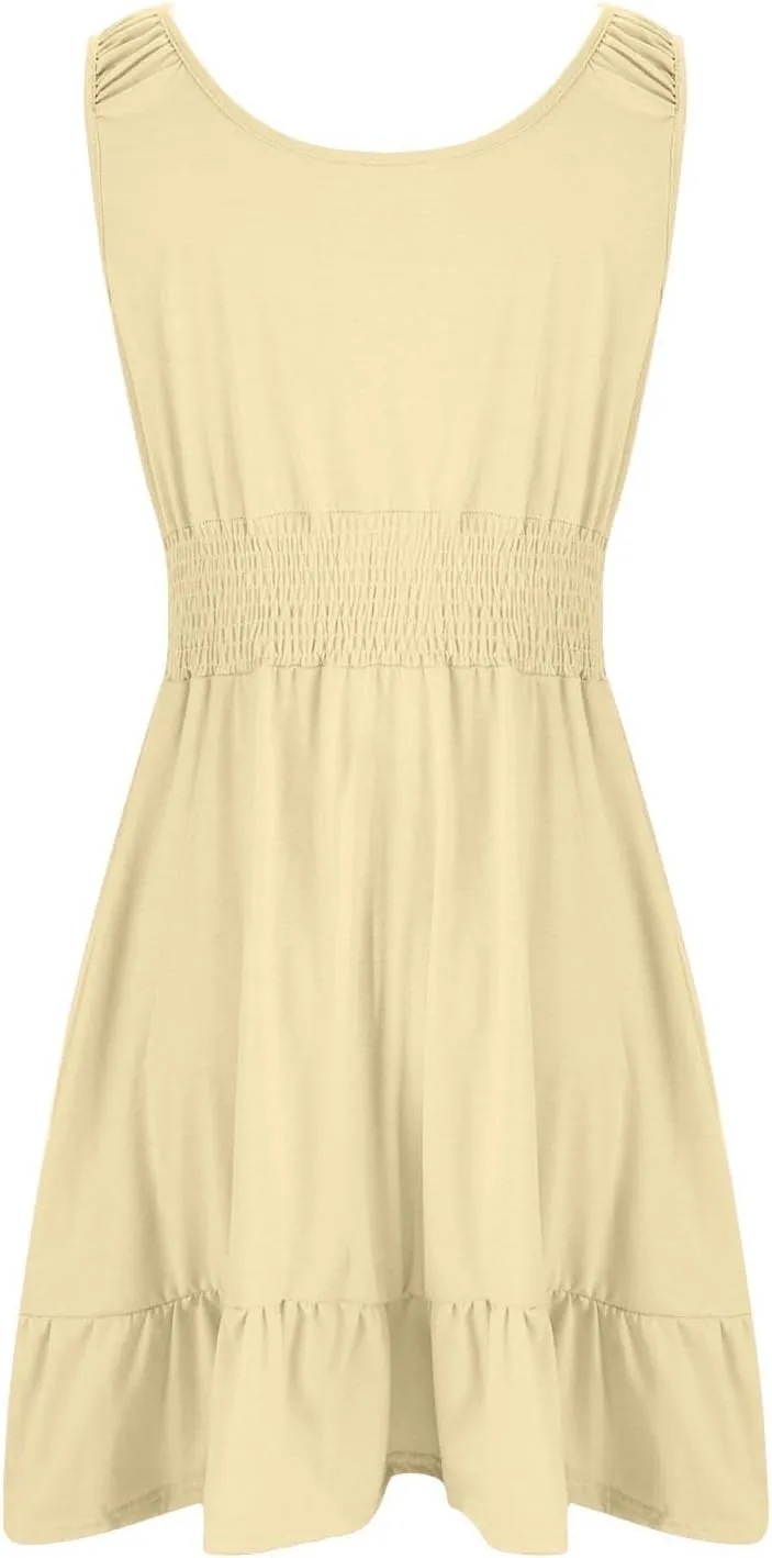 Cute Summer Dresses for Women Pleated Flowy Empire Waist Sundress Sleeveless Round Neck Hot Shot Mini Dress