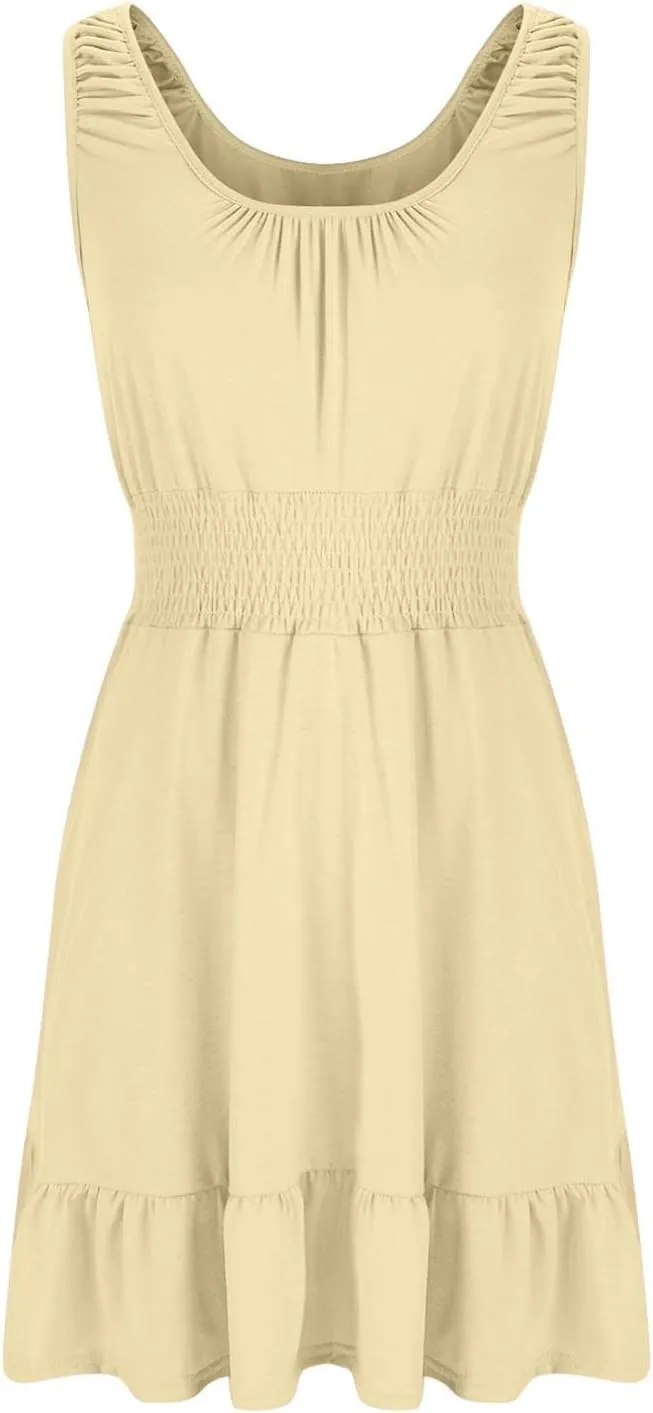 Cute Summer Dresses for Women Pleated Flowy Empire Waist Sundress Sleeveless Round Neck Hot Shot Mini Dress