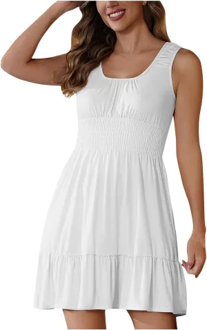 Cute Summer Dresses for Women Pleated Flowy Empire Waist Sundress Sleeveless Round Neck Hot Shot Mini Dress