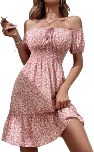 Dresses for Women 2023 Summer Short Sleeve Floral Off Shoulder Tie Front Ruffle Hem Dress Mini Short Dress