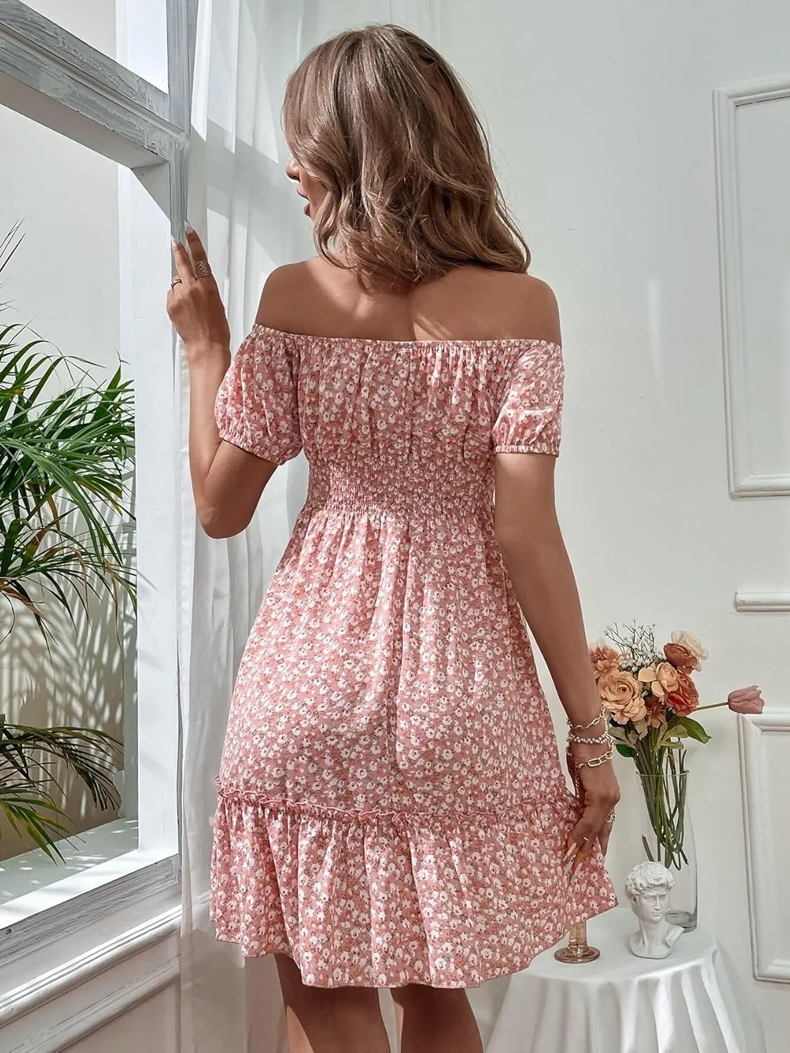 Dresses for Women 2023 Summer Short Sleeve Floral Off Shoulder Tie Front Ruffle Hem Dress Mini Short Dress