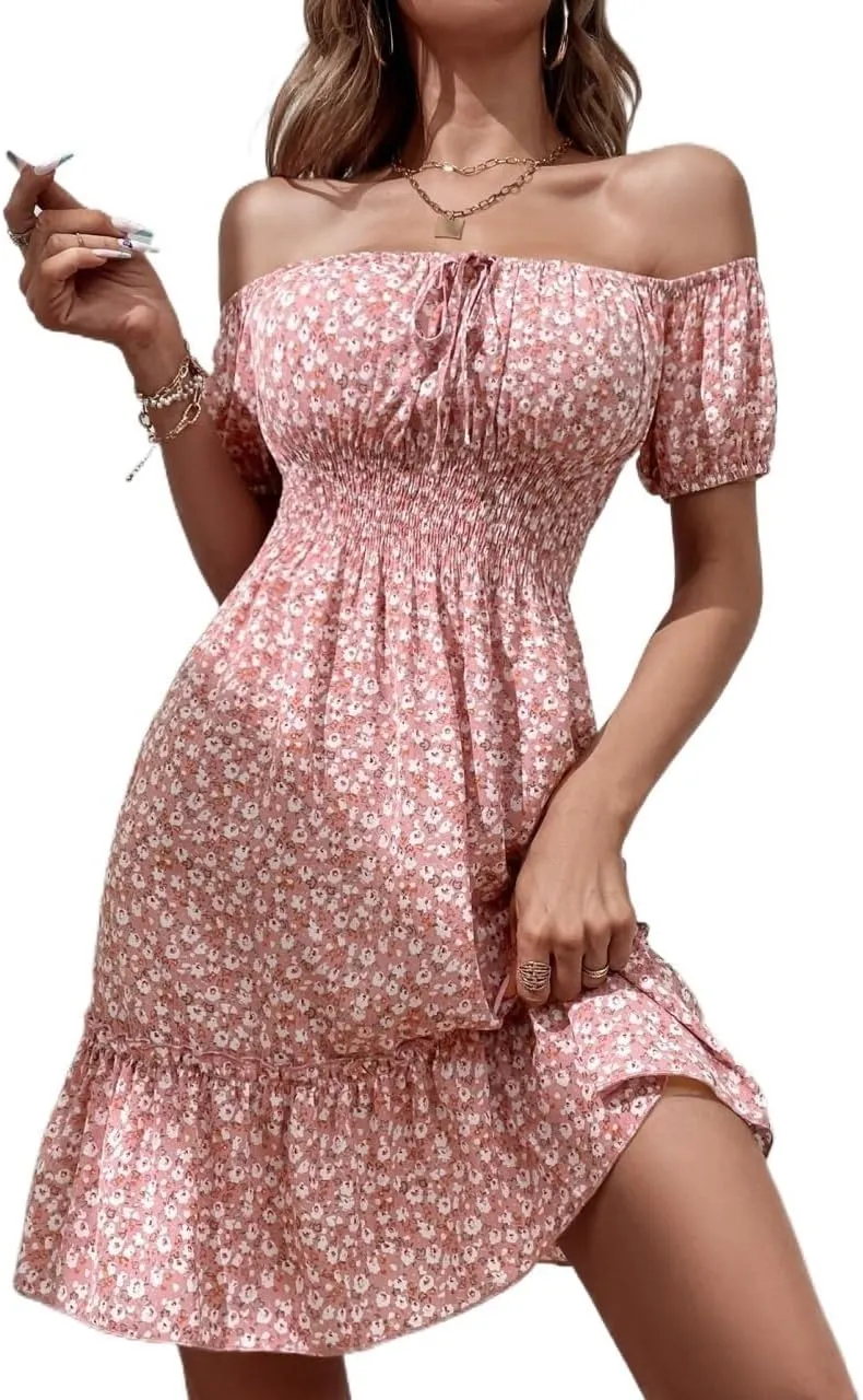 Dresses for Women 2023 Summer Short Sleeve Floral Off Shoulder Tie Front Ruffle Hem Dress Mini Short Dress