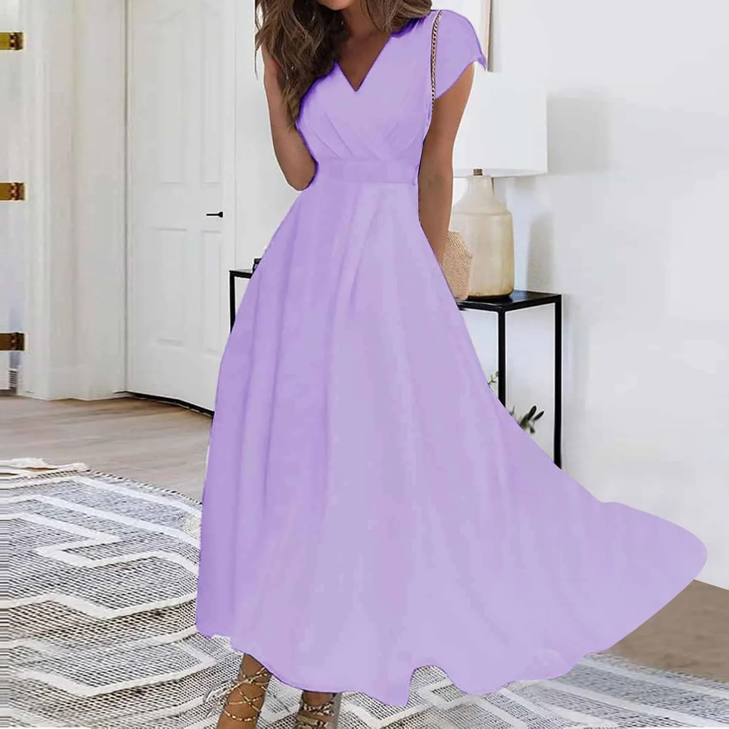 Dresses for Women 2024 Cap Sleeve Flowy Sundresses Elegant Wrap V Neck Long Dresses Floral Print Loose Maxi Dress