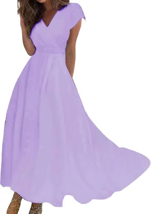 Dresses for Women 2024 Cap Sleeve Flowy Sundresses Elegant Wrap V Neck Long Dresses Floral Print Loose Maxi Dress