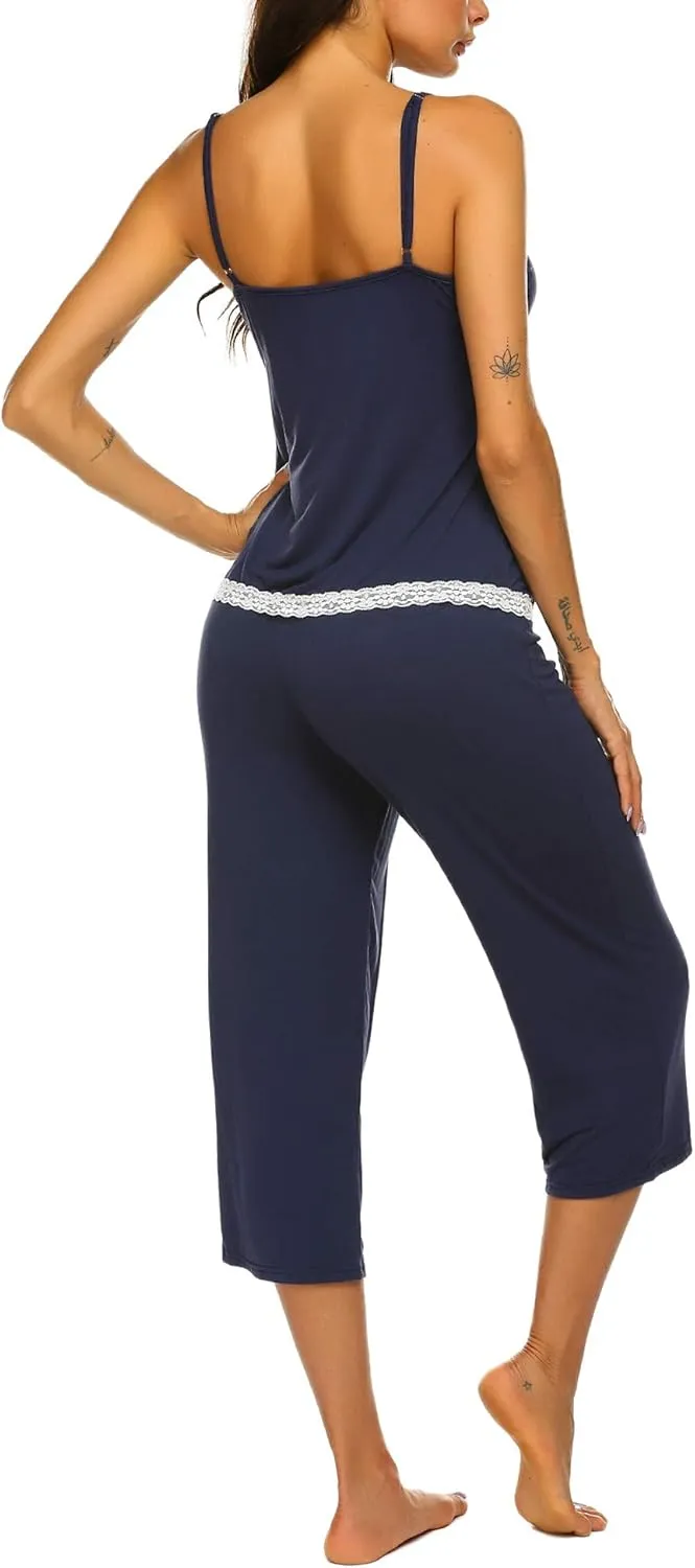 Ekouaer Womens Pajamas Set V-Neck Cami Top and Capris Pants Sleepwear Pjs Set S-XXL