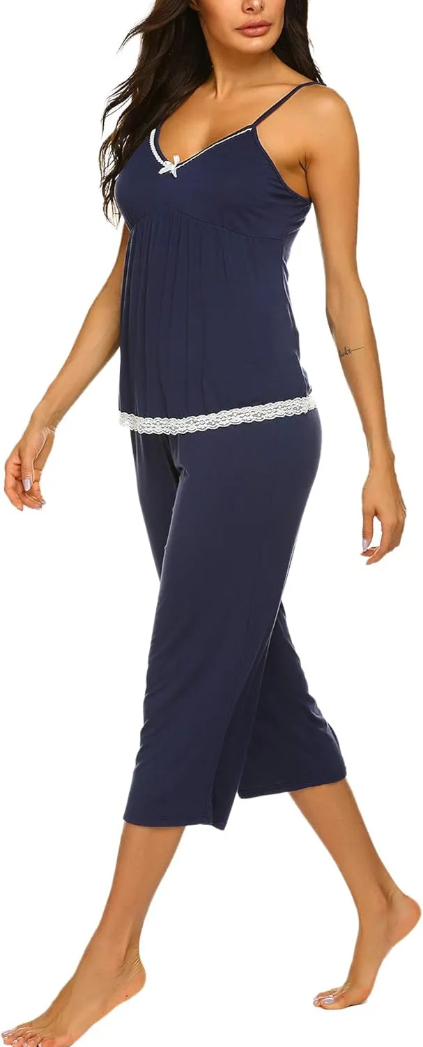 Ekouaer Womens Pajamas Set V-Neck Cami Top and Capris Pants Sleepwear Pjs Set S-XXL