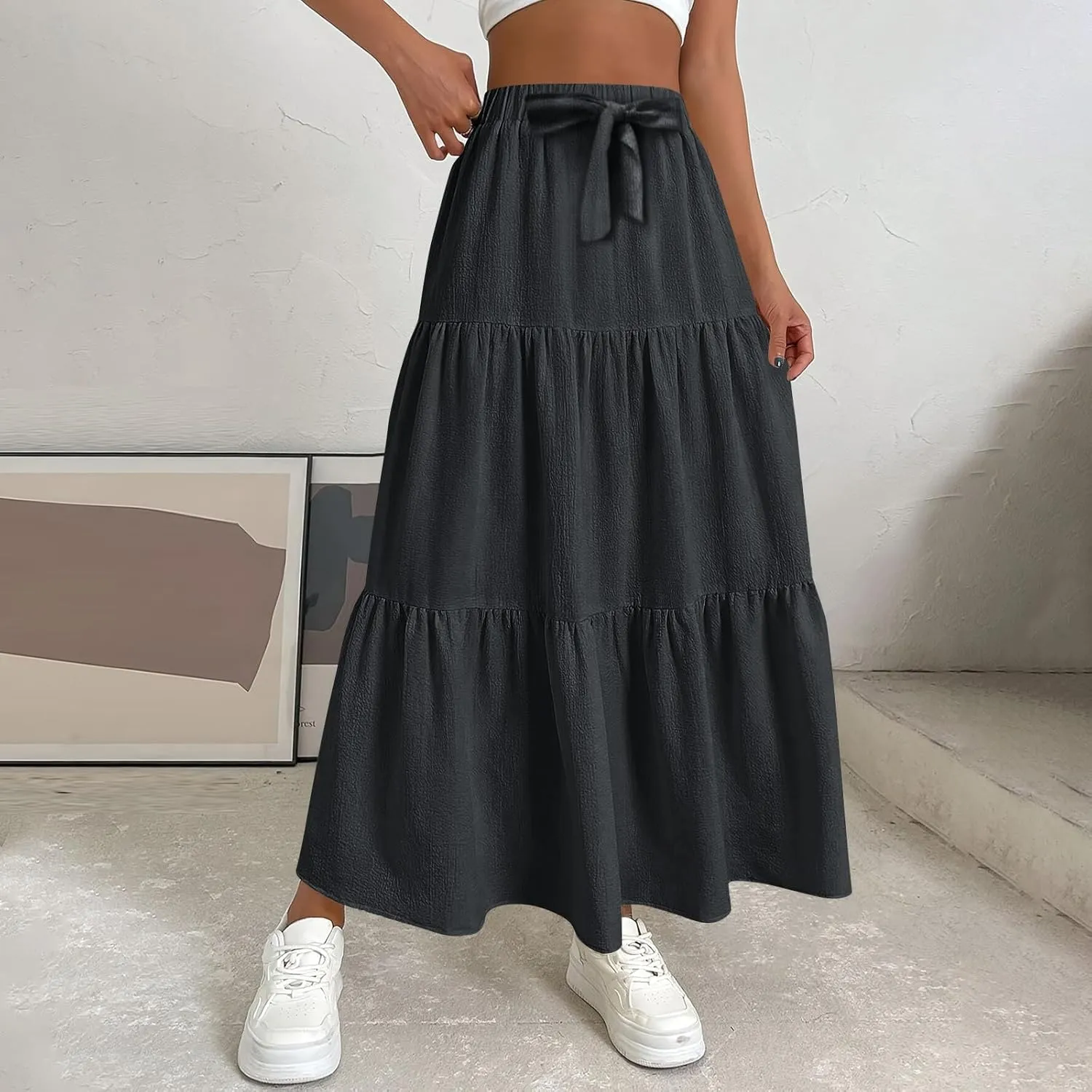 Flowy Skirts for Women Drawstring Elastic Waist Ruffled Solid Skirts Casual Bohemian Beach Skirt for Women