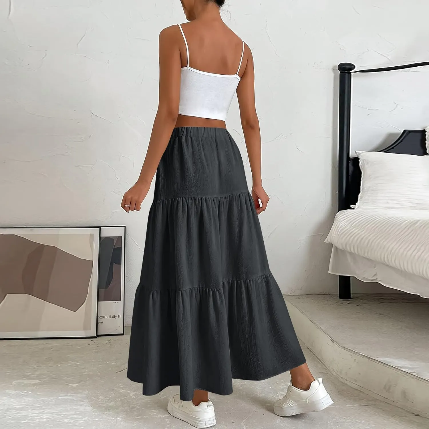 Flowy Skirts for Women Drawstring Elastic Waist Ruffled Solid Skirts Casual Bohemian Beach Skirt for Women