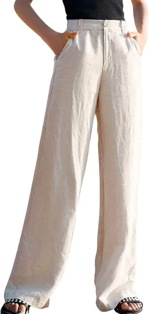 GGUHHU Women's Loose Fit Stretched High Waist Cotton Linen Wide Leg Long Beach Pants