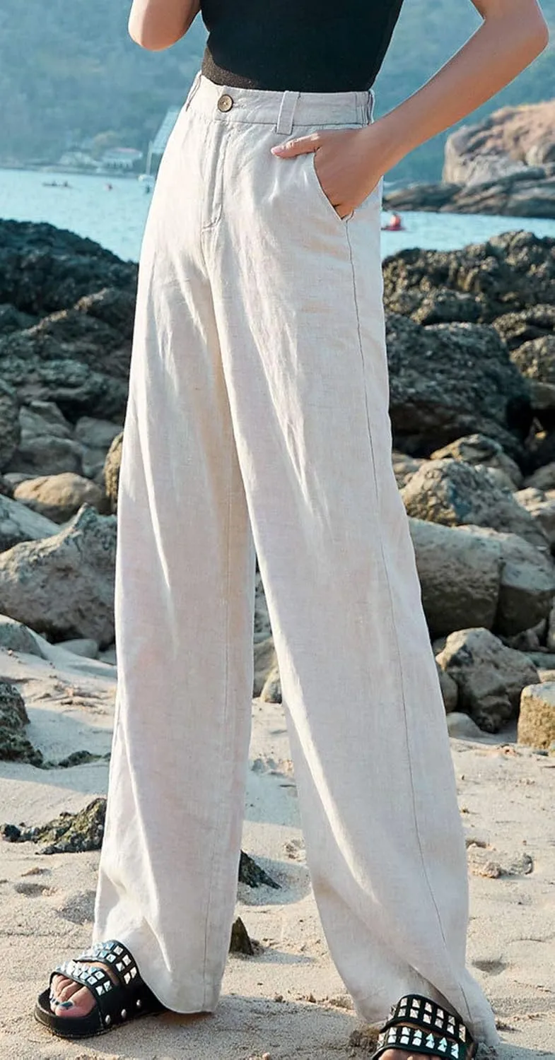 GGUHHU Women's Loose Fit Stretched High Waist Cotton Linen Wide Leg Long Beach Pants