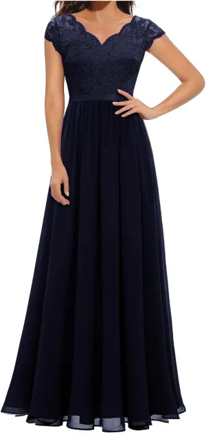 HGps8w Womens Lace Tulle A Line Evening Formal Dress - Elegant V Neck Maxi Long Bridesmaid Dresses Party Prom Gown