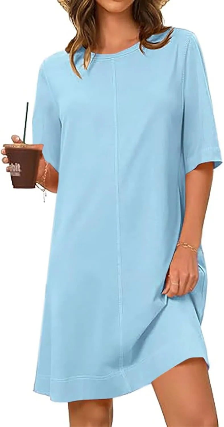hlysgo Dresses for Women 2025 Summer Short Sleeve Crew Neck Vacation Beach Dress Casual Loose Fit Knee Length Mini Dress
