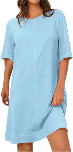 hlysgo Dresses for Women 2025 Summer Short Sleeve Crew Neck Vacation Beach Dress Casual Loose Fit Knee Length Mini Dress